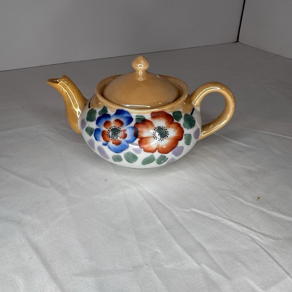 Japanese Lusterware Teapot Peach Color With Flowers And Lid